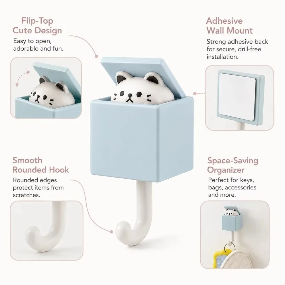 Retractable Pop Up Cute Cat Wall Hook Self Adhesive Wall Mounted Cartoon Decor Hooks Punch Free Hidden Cartoon Design