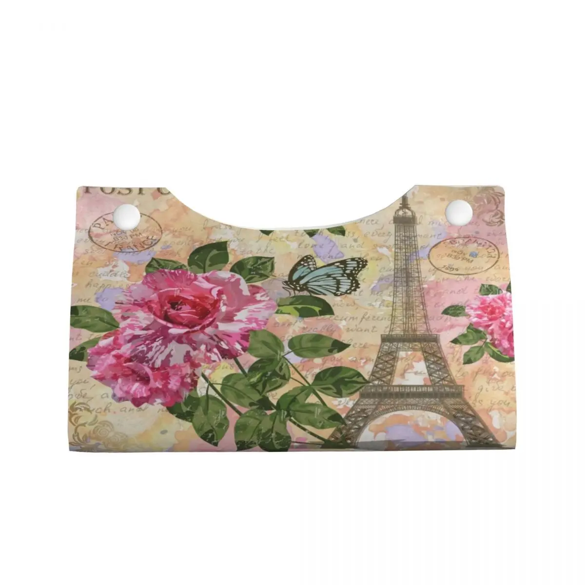 Custom France Paris Eiffel Tower Tissue Box Holder Rectangular Flower Pink PU Leather Facial Tissue Box Cover for Car Bathroom