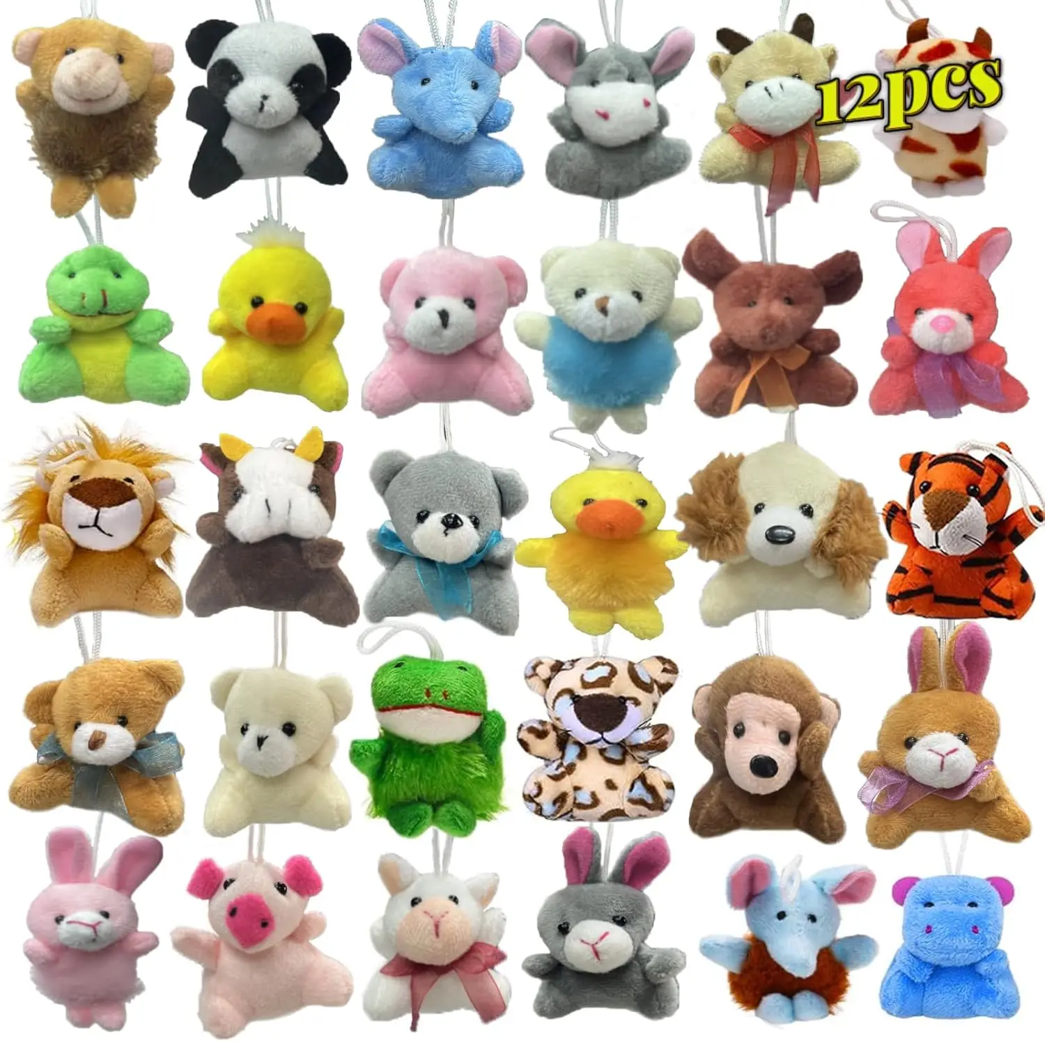 

Cute Mini Plush Animal Toys Set with Keychain, 12pcs for Kids Party Favors and Classroom Prizes