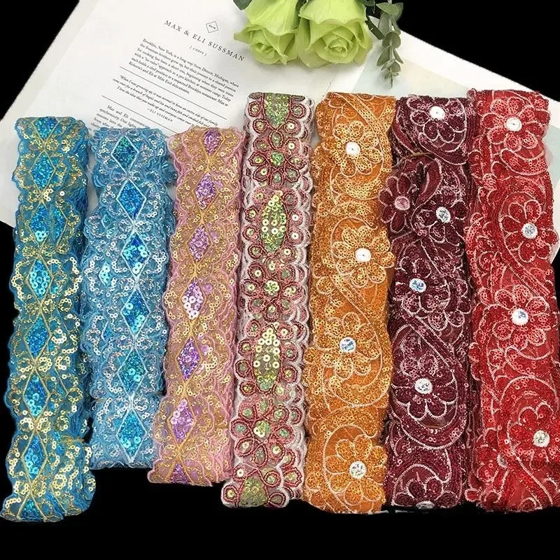 1Yards Lace Fabric Sequins Embroidered Ribbon Collar Trim Applique for Diy Wedding Sewing Dentelle