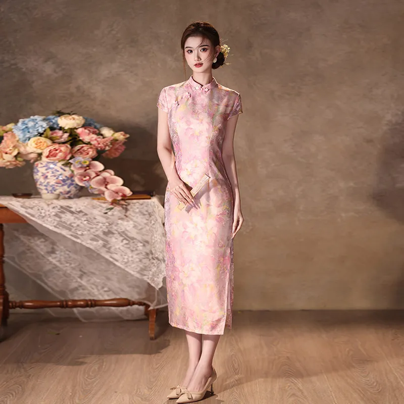 Pink New Chinese Style Long Modified Cheongsam 2027 New Young Style Women's Daily Spring and Summer Qipao Dress