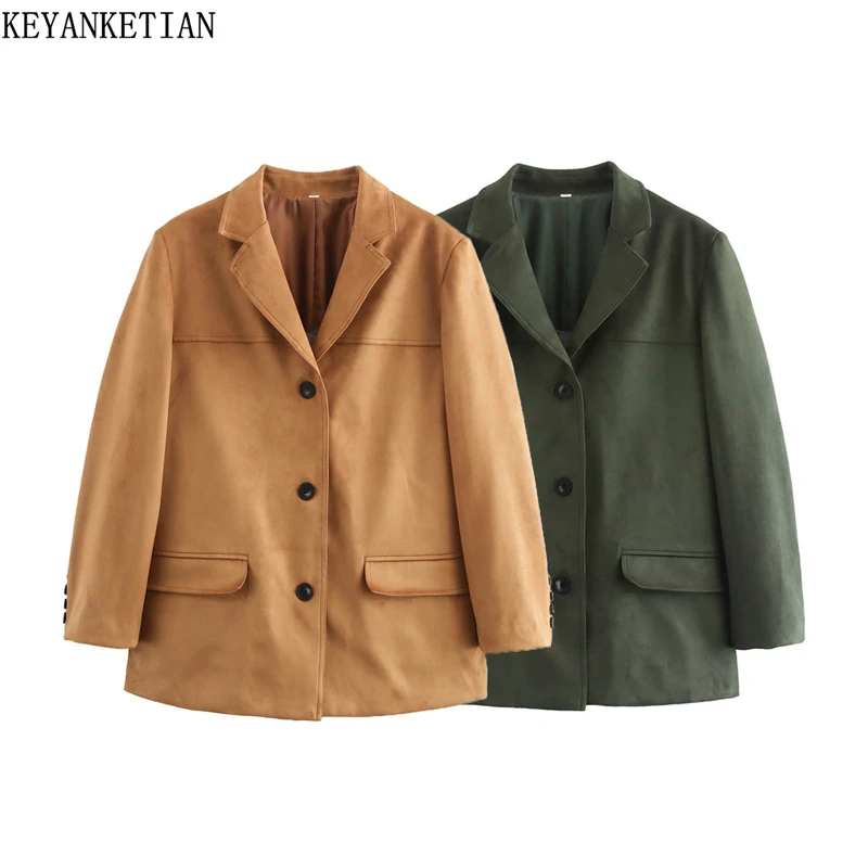 KEYANKETIAN 2024 Autumn/Winter New Women's Suede Suit Coat Retro style Single Breasted Flap Pockets Straight Blazer Greatcoat