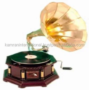 

Vintage Gramophone with Smooth Brass Horn & Hexagonal Brass Inlay Wooden Base Metal Material