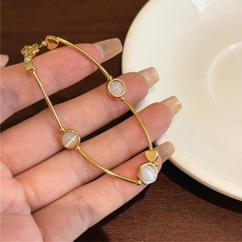 Fashion Heart Beads Bracelets for Women Cat's Eye Stone Adjustable Bangles Metal Tube Bracelet Jewelry Bijoux Femme Tendance