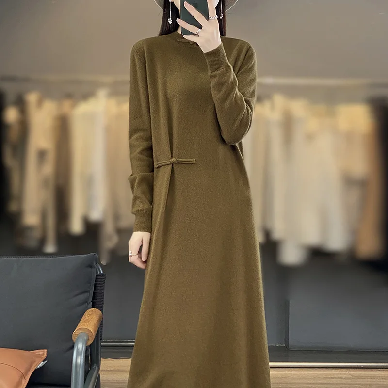 

Wool Knitted Dress Women's Chinese style Embroidery Autumn/Winter Loose Wool Dress Long Skirt Long sleeve cashmere 100%skirt Top