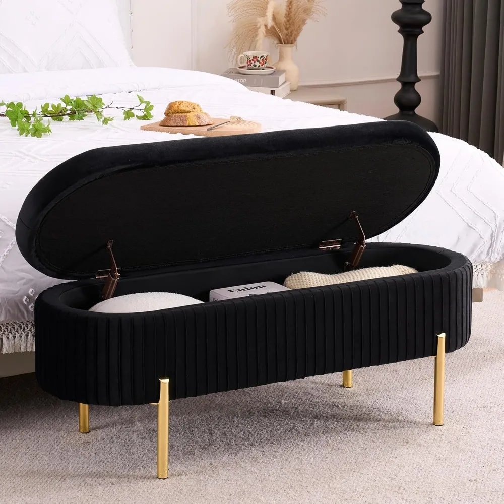 

Storage Bench for Bedroom Upholstered End of Bed Bench Modern Ottoman with Gold Legs for Living Room/Window/Entryway (Bla