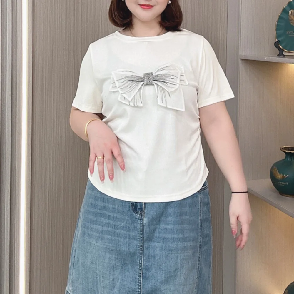 

Plus Size Women's short-sleeved T-shirt Summer New Relaxed Thin 3D Decorative Bow Casual Both Sides Fold Top