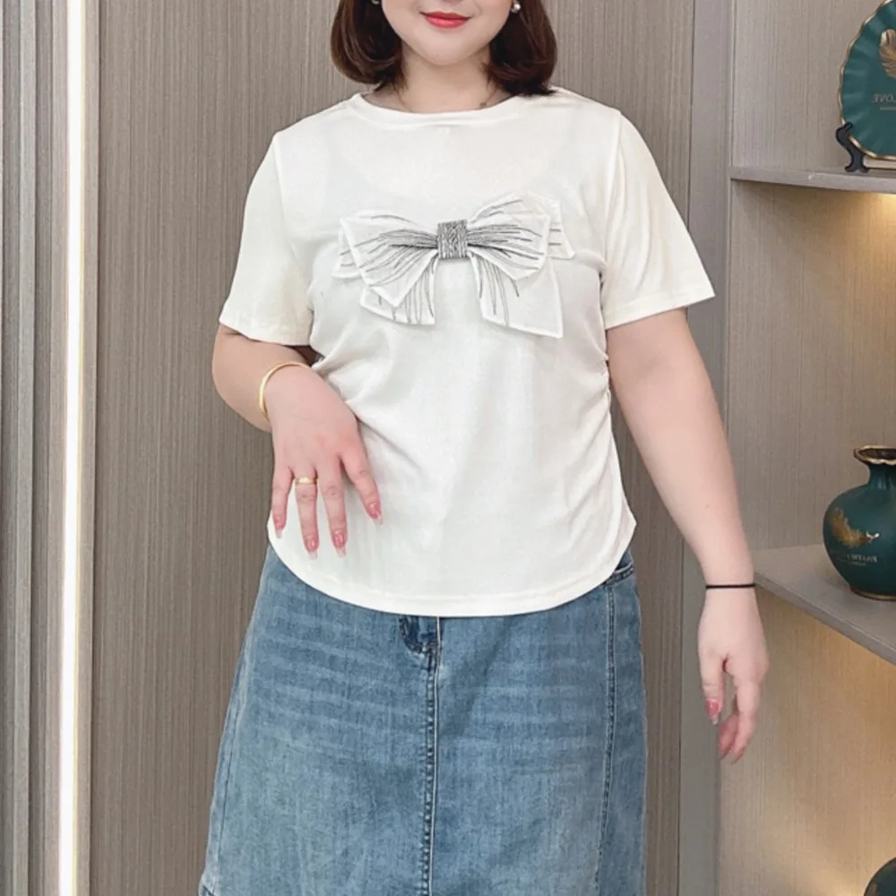 Plus Size Women's short-sleeved T-shirt Summer New Relaxed Thin 3D Decorative Bow Casual Both Sides Fold Top