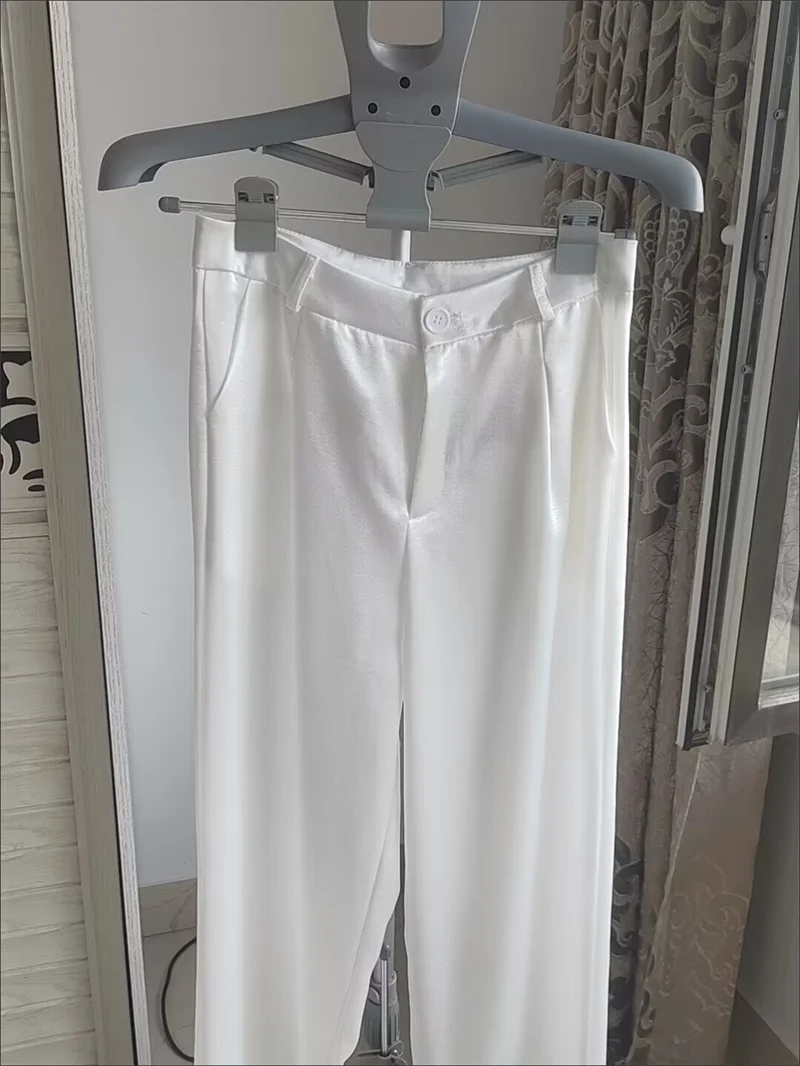 Women Solid Color Acetate Satin Wide Leg Pantalons Korean Lady Fashion Casual Trousers Summer Femme High Waist Straight Leg Pant