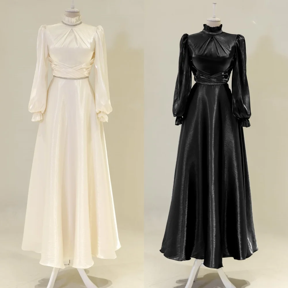 

Customized Retro Pastrol Pleat Ruched Beading A-line High Collar Long Dresses Bespoke Occasion Dresses Exquisite Elegant Classic