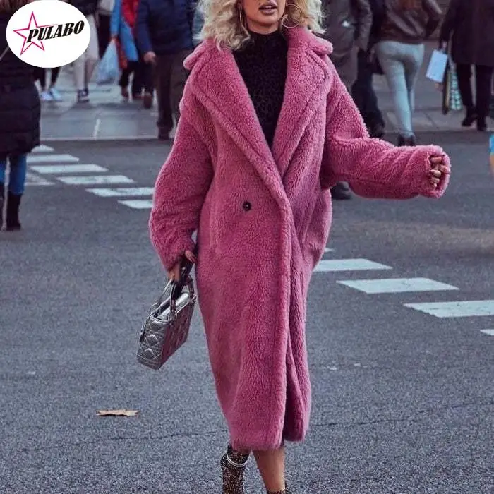 PULABO Home Autumn/Winter Mid length Teddy Bear Coat Pink Grain Sheep Camel Fleece Silhouette Wool Coat