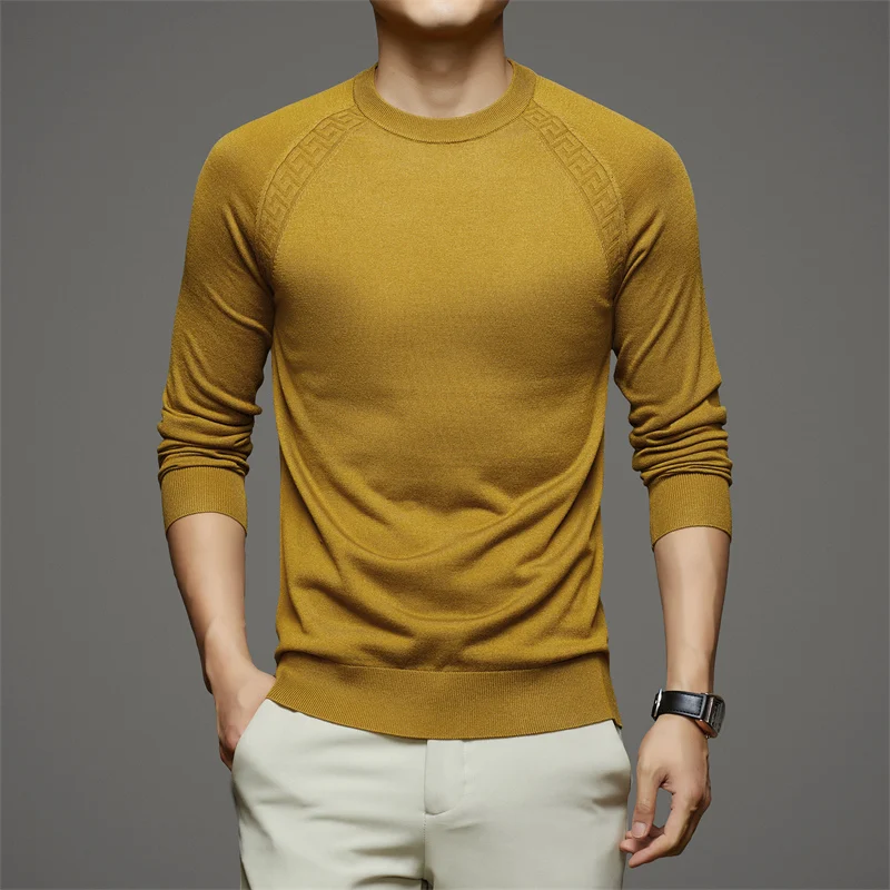 21% Lyocell Men's Knit Tees 2024 New Autumn Casual O-Neck 8.3% Sheep Wool Tops Long Sleeve Male 6.6% Mulberry Silk Knit T Shirt