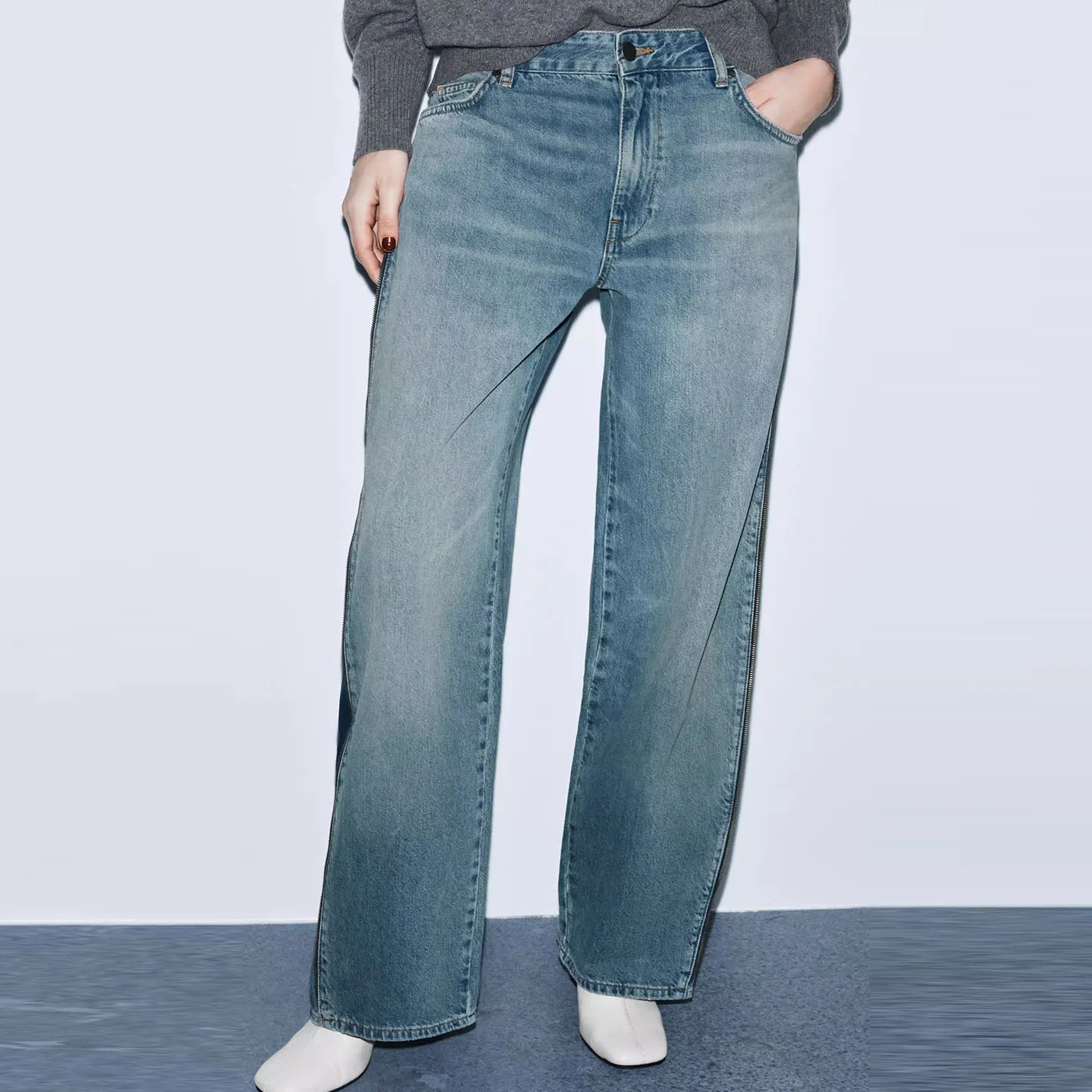 Z بنطال جينز نسائي متعدد الاستخدامات وسحاب متوسط الخصر أنيق وموقت Sle للسيدات من قماش الدنيم الفاخر مناسب