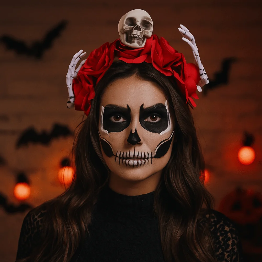 

Rose Flower Halloween Headband Bat Skull Branch Hair Hoop Photographic Props Non-slip Halloween Flower Crown Holiday Decor