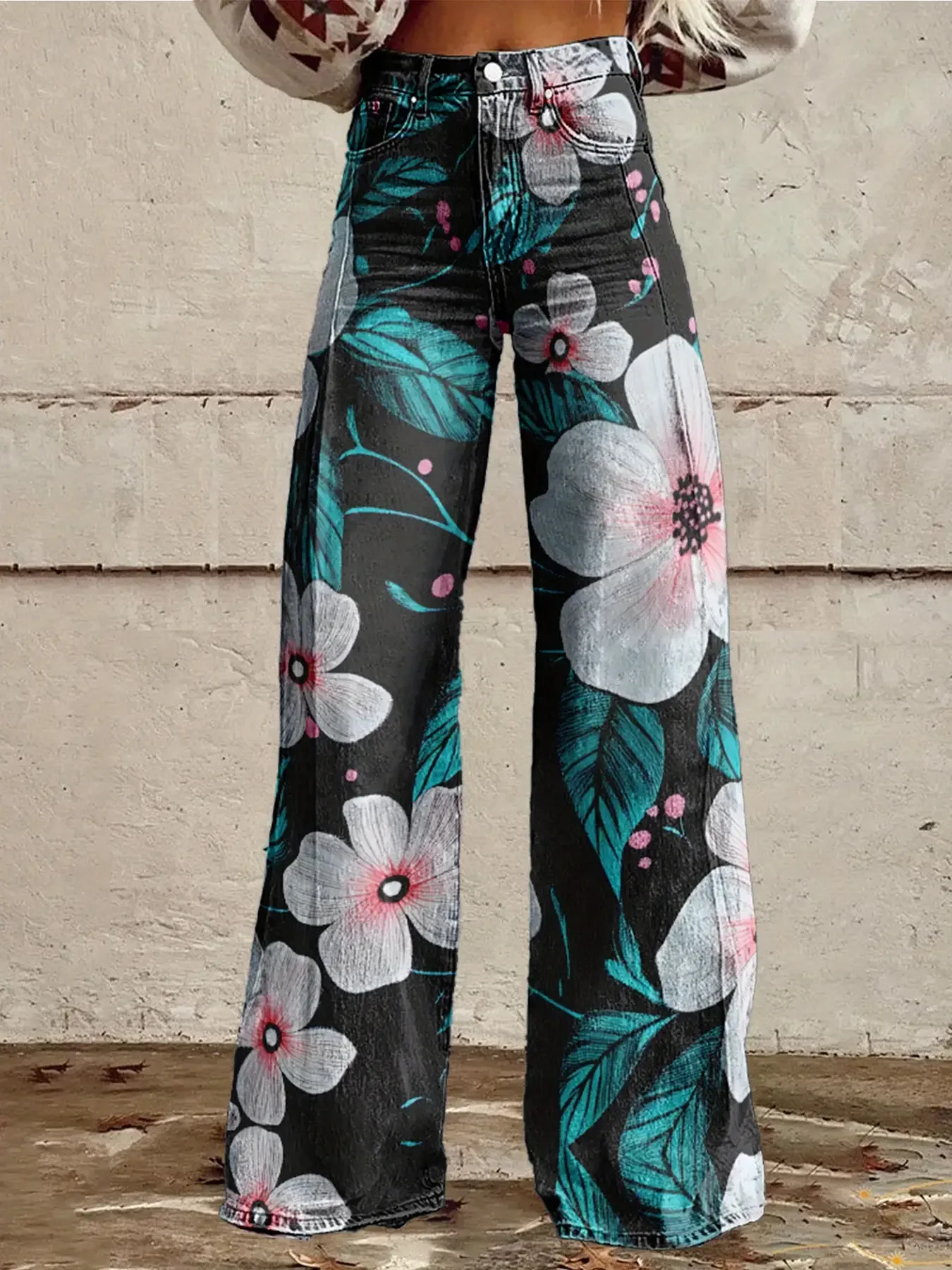 2026Women's imitation jeans printed with various high waisted flared pants, retro fashion, Ladies' high waisted wide leg jeans