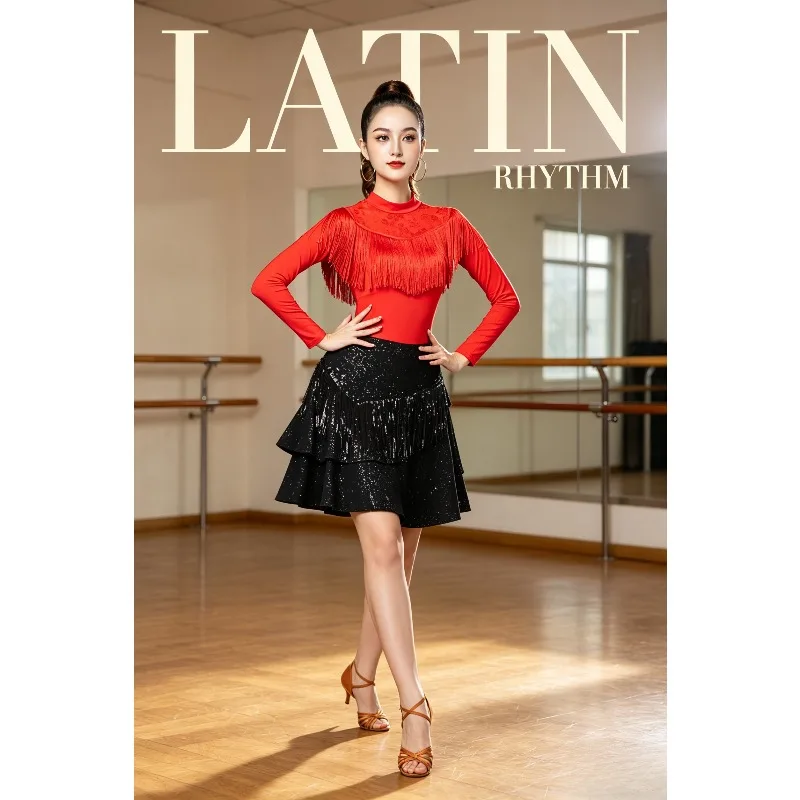 S-3XL Women Long Sleeve Shiny Fringe Latin Dance Bodysuit Black Sequin Skirt Optional Professional Ballroom Practice Costume