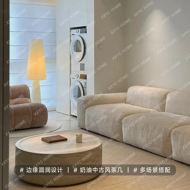 XXCream Style Travertine Round Coffee Table for Small Living Room Wabi Sabi Glass Steel Tea Table