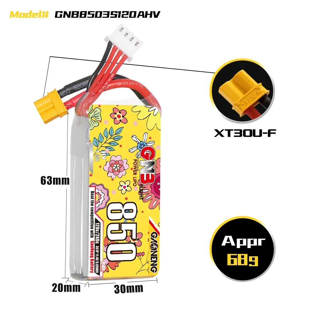 Batteria GNB 2 s1p/7.6V 3 s1p/11.4V 4 s1p/15.2V 6S/22.8V 850mAh 120C LiHV con spina XT30 per parti di aeroplani per elicotteri FPV Drone RC