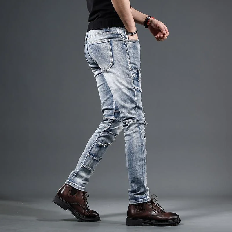 Pantalones vaqueros de alta calidad para hombre, pantalón informal, ajustado y cómodo, con parche Retro, de Color sólido, para primavera y otoño, novedad de 2024