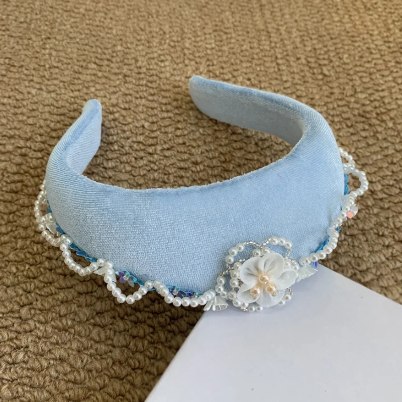 French Imitation Pearls Velvet Crown Headband Triangle Flower Hair Hoop Bride W 4