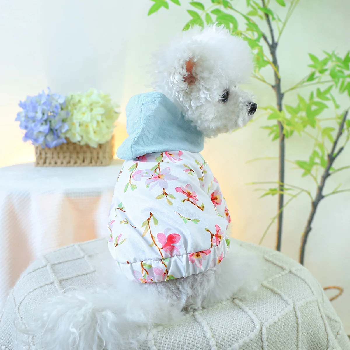 1PC Pet Clothing Cat Spring/Summer Thin Breathable Blue Hat Peach Blossom Fragmented Coat Suitable for Small and Medium Dogs