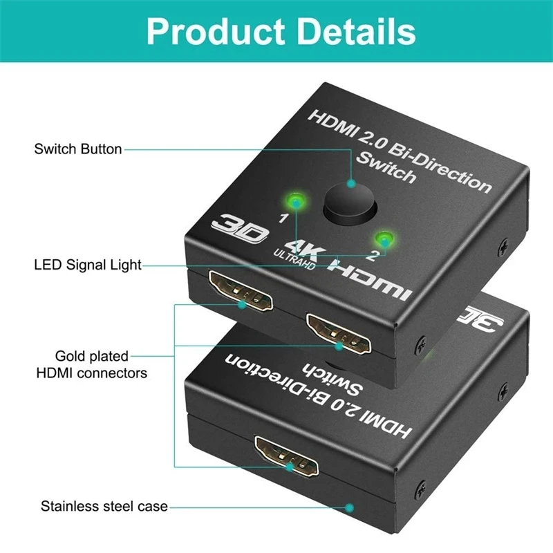 4K HDMI Switch 2 Ports Bi-directional HDMI Switcher HD 4K 3D HDR HDCP Splitter Supports Ultra For PS4 Xbox HDTV Switcher Adapter