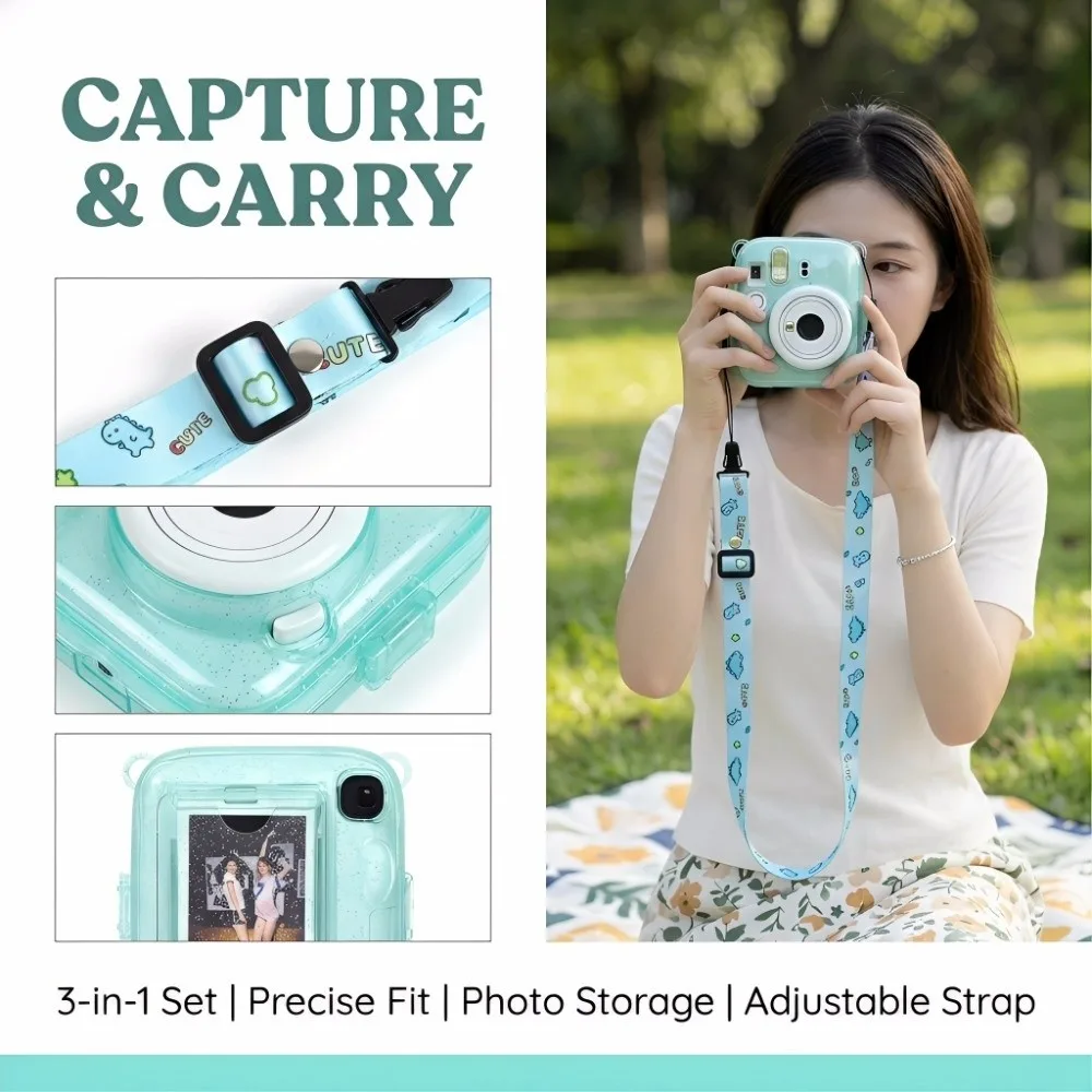 Translucent Glitter Instant Camera Case 3 in 1 Adjustable Strap Photo Storage Shell Anti Scratch for Fujifilm Instax Mini 13