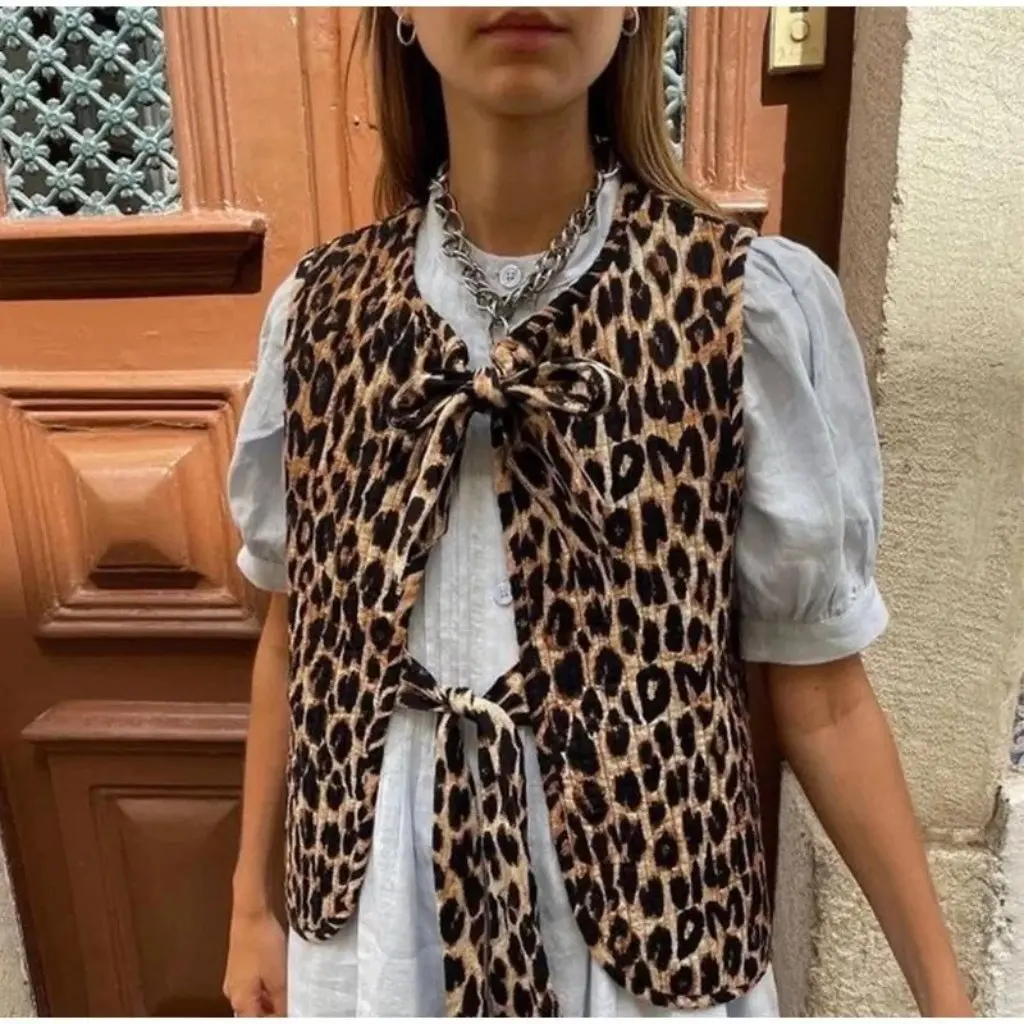 

Women's Fashion Corduroy Vest Animal Print Bow Design Spring Autumn European American Style Trade 18-20 Size