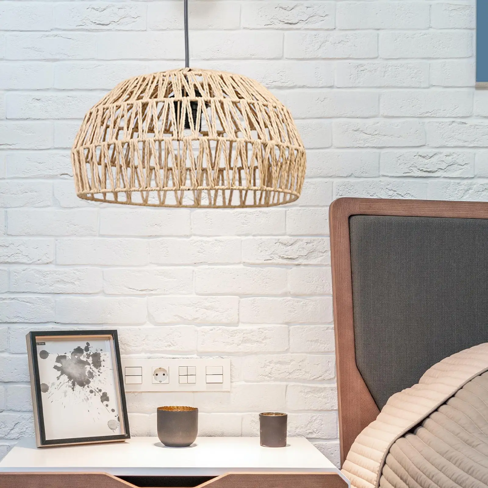Bohemian Paper Rope Woven Lampshade Chandelier Lantern Pendant Lamp Shade Bulb Guard for Hotel, Living Room, Cafe Decoration