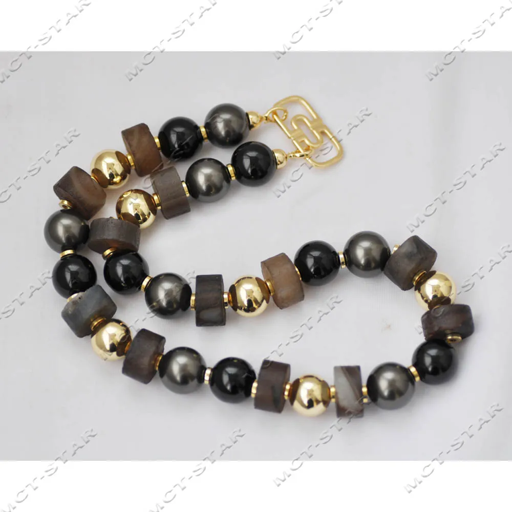 

MCT·STAR 20'' 17mm Brown Black Cylinder Round Shell Pearl Golden Bead Necklace (Z14578)