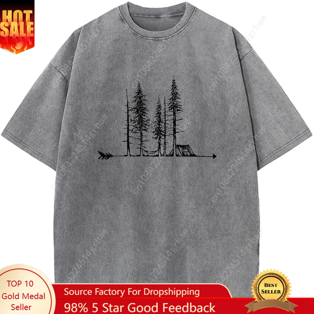 

Pine tree printed short-sleeve T-shirts for men and women high-quality washed retro crewneck casual printed T-shirts
