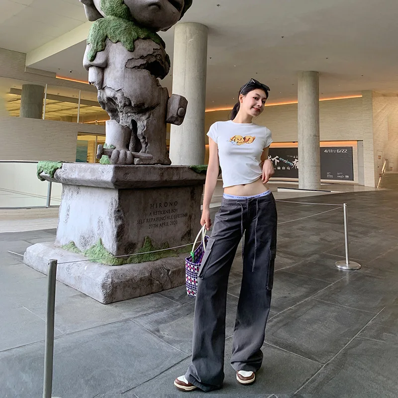 

Модные рабочие брюки на шнурке, новые летние повседневные прямые брюки из чистого хлопка в американском стиле для женщин