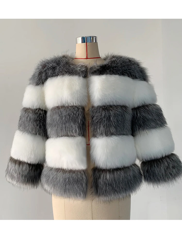 ZADORIN Colore Della Miscela Manica 3/4 Peloso A Righe Parka Inverno Caldo Delle Donne Soffici Cappotto di Pelliccia Sintetica Vintage Giacca di
