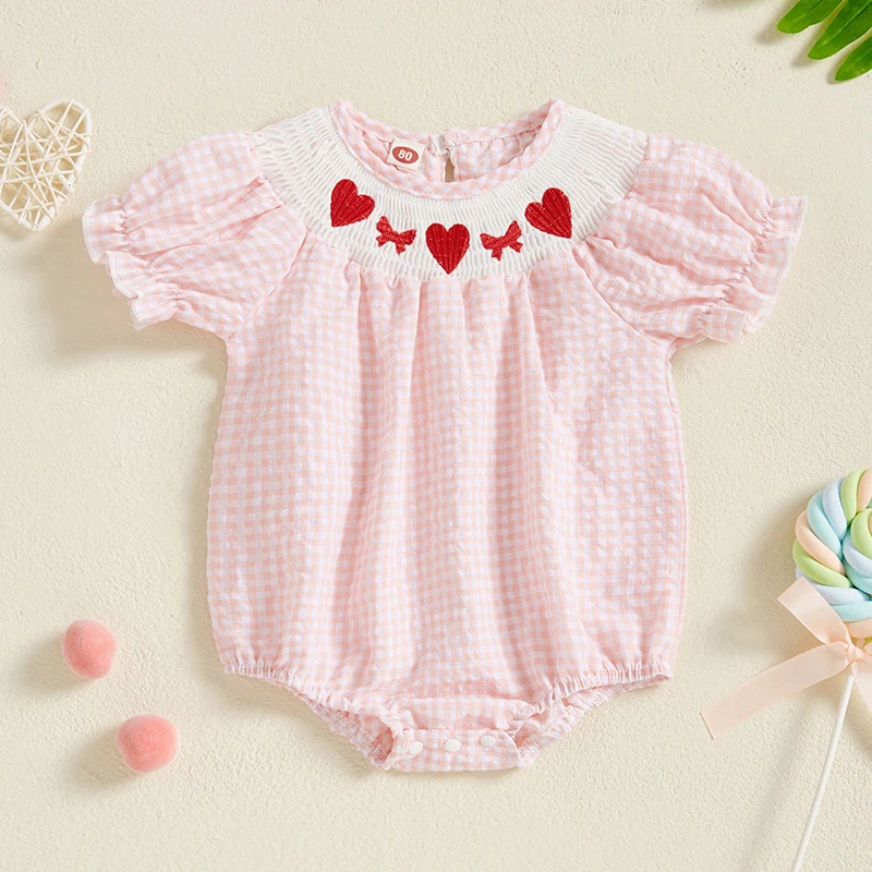 FOCUSNORM 0-24M Lovely Baby Girls Valentines Day Romper Plaid Heart Embroidery Shirred Short Sleeve Spring Jumpsuits