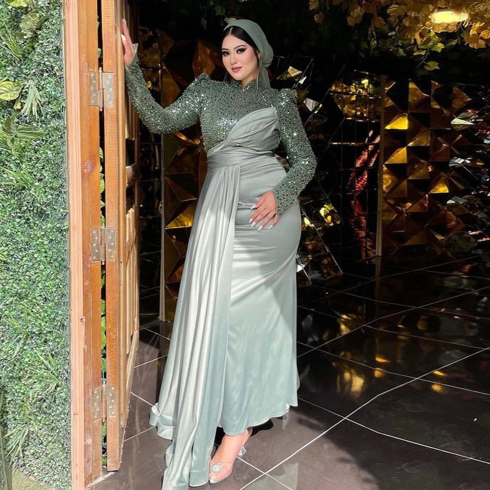 Sage Green Sequined Mermaid Evening Dresses High Neck Long Sleeve Arabic Dubai Formal Gown Pleat Satin Muslim Vestidos De Noche