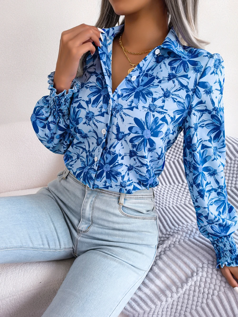 Women Casual Floral Print Collar  Lantern Long Sleeve Shirt