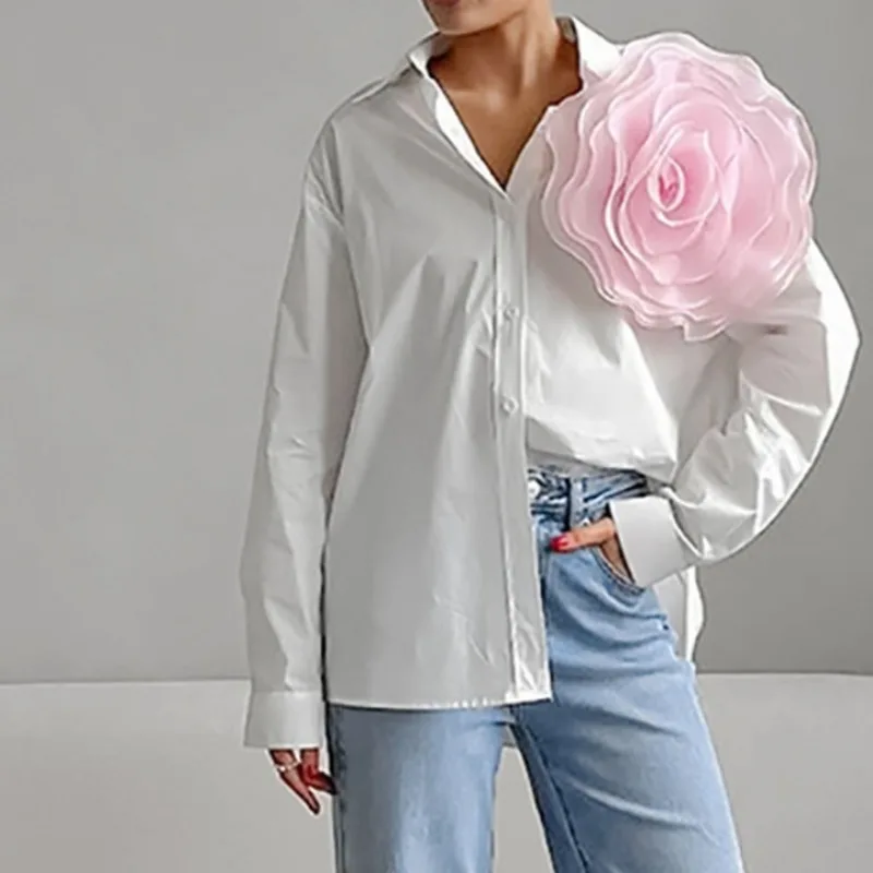 Women's Shirt 2024 New Fashion Lapel Mesh 3D Rose Decor Temperament Commuting Female Clothes Cotton Summer Elegant Women Blouses