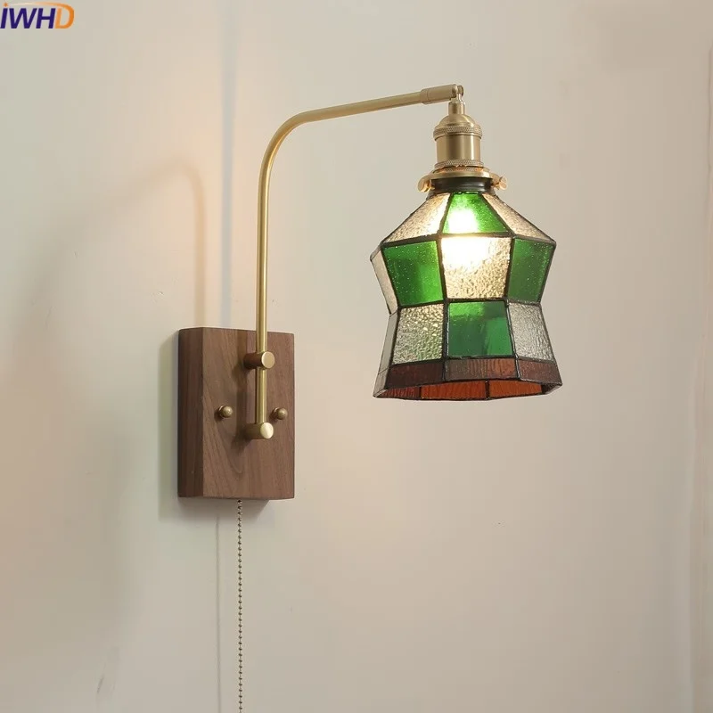 IWHD Glass Walnut LED Wall Lamp Pull Chain Switch Bedroom Living Room Corridor Modern Bathroom Mirror Light Fixtures Home Decor