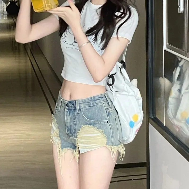 

Sexy Y2k Denim Shorts Women Low Rise Distressed Vintage Straight Leg Hot Pants Summer Trendy New