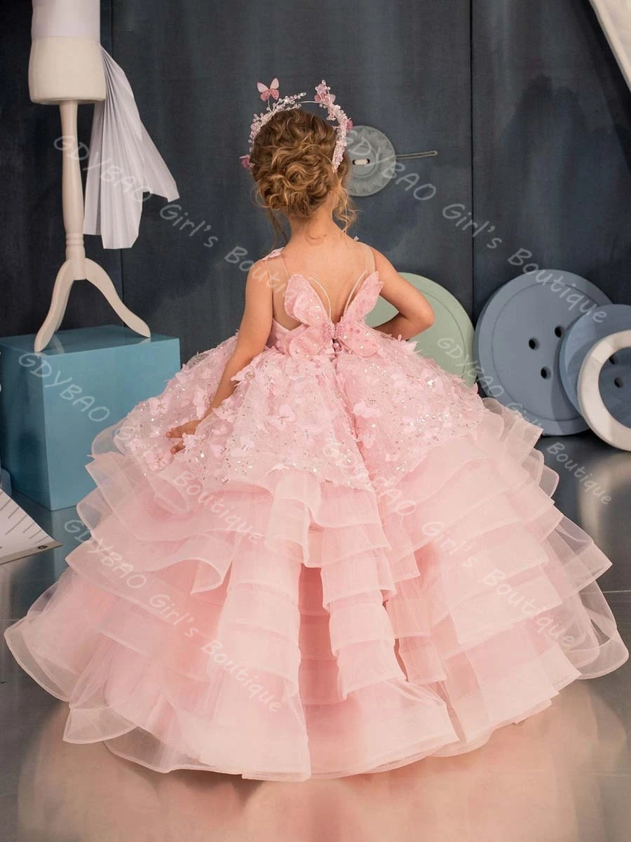 فستان فتاة الزهور الوردي مع فراشة ثلاثية الأبعاد للأطفال من التل المتدرج والترتر والدانتيل فستان الأميرة لحفلات أعياد الميلاد مخصص