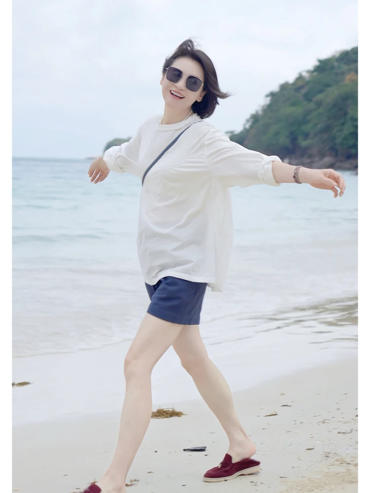 

RuienCo. Lace Collar Embroidered Pleated Cotton irt 00% Cotton 60 Tead Count Lazy Faion Spring Summer irt