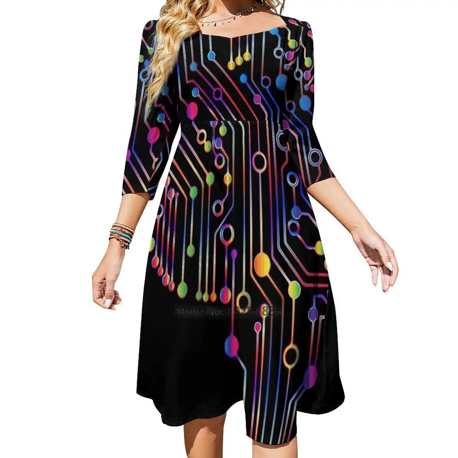 

Colorful Circuit Digital Computer Brain Back Lacing Backless Dress Women Kawaii Square Collar Dress 6Xl Brain Circuit Computer