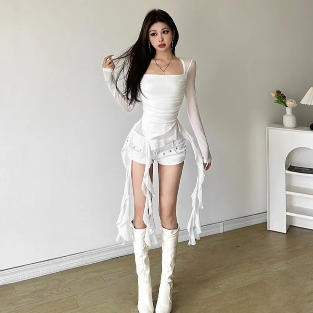 Streetwear Quallen-Mesh-Gürtel T-Shirt Elfen-Langarmshirt mit Plissiertem Kragen, Schmal Geschnittenes Crop-Top, Transparent, Außergewöhnlich – Detail 10