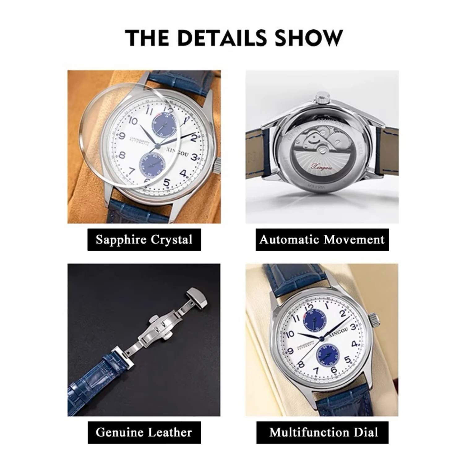 Men's Classic Automatic Mechanical Watch Chronograph 24 Hour Display Arabic Numeral Dial Leather Strap Dress Wristwatch