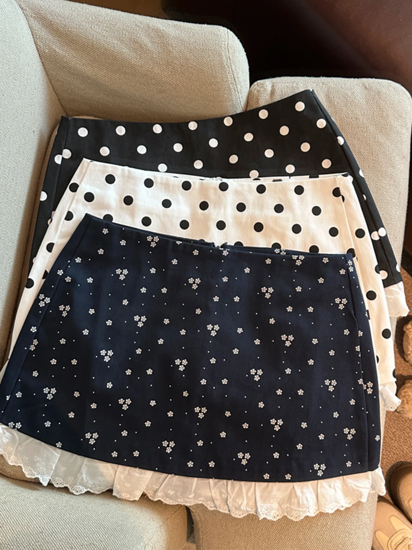 

Emily Clud Recommended Lace Splice Floral Print Polka Dot f Skirt Spring Summer Anti-Light A-Line ort Skirt Women's Faion