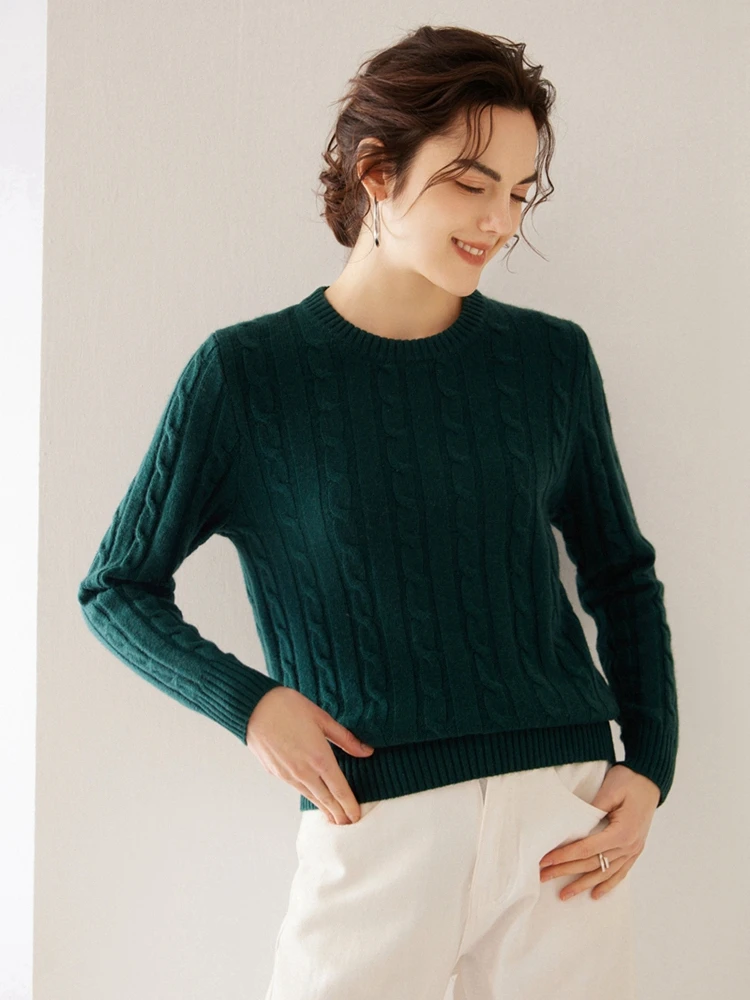 ADDONEE Sweater leher O wanita, atasan lembut pakaian rajut kasmir leher O kabel rajut musim gugur dan dingin 100%