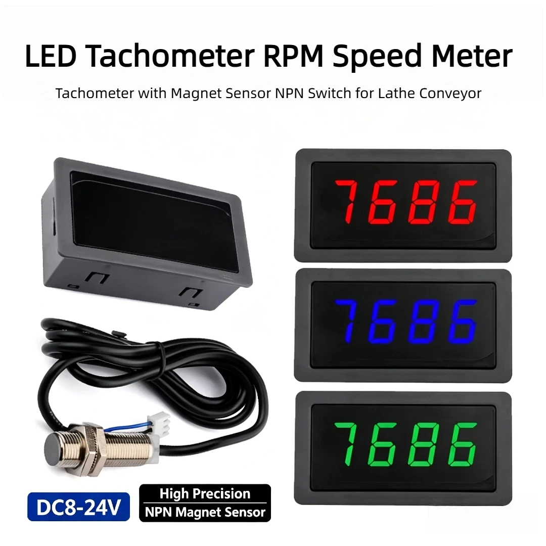 4 Digital LED Tachometer DC8-24V RPM Meter NPN Magnet Sensor Multi-Color Screen For Lathe Conveyor