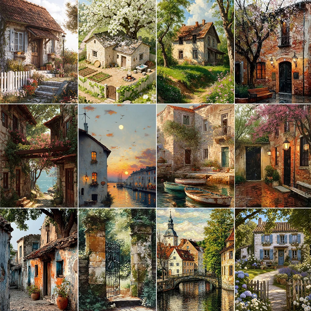 European Towns Painting Riverside House Art Poster for Living Room Wall Art Prints Home Decoration Bedroom Decor Pinterest
