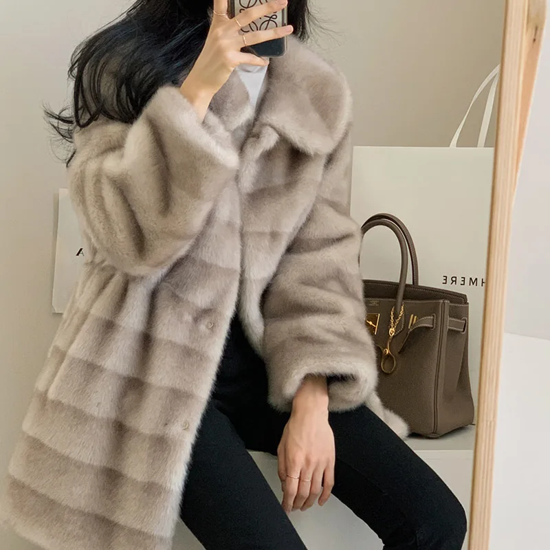 Long Jacket Women Winter 2024 Femme Veste Faux Fur Coat Gradient Mink Turn-down Collar Stripe Clothes Warm Soft Furry Overcoat