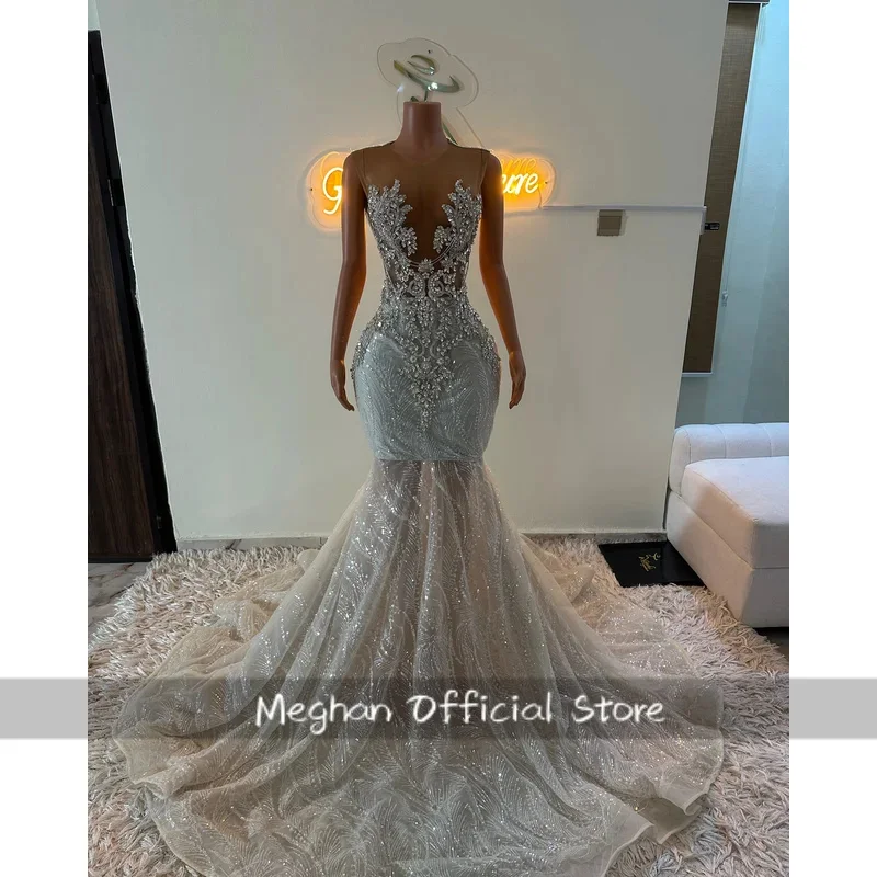 

Sparkly Sequin Long Mermaid Prom Dresses 2025 For Black Girl Luxury Bead Crystal Sheer Birthday Party Evening Gown Customized